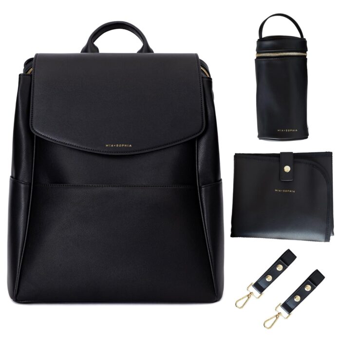 Leather diaper bag backpack with usb charging port changing pad stroller straps and bottle holder black olivia.jpg
