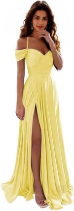 Long prom dresses for women off shoulder pleats satin bridesmaid dress with slit lw134.jpg