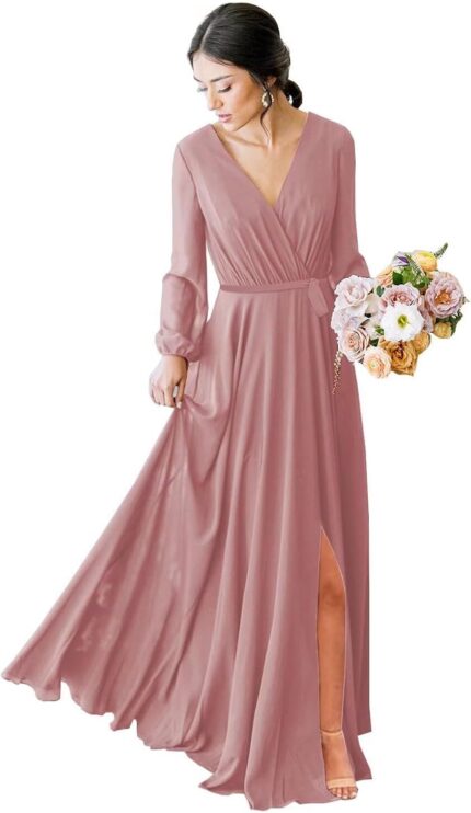 Long sleeve bridesmaid dress v neckes 2025 new chiffon wedding guest dresses formal evening dress for womenr16.jpg