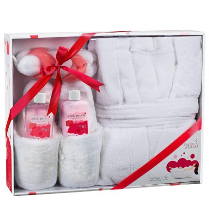 Luxury home spa gift basket with pink peony scent indulgent ultra soft bathrobe plush slipper spa box for women complete bath body set luxury body care.jpg