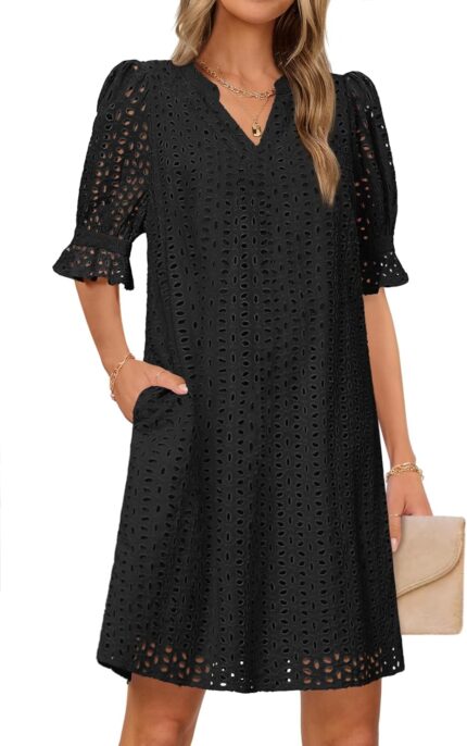Merokeety womens 2025 summer short sleeve mini dress v neck ruffle hollow out eyelet lace dresses.jpg