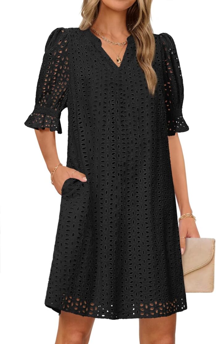 Merokeety womens 2025 summer short sleeve mini dress v neck ruffle hollow out eyelet lace dresses.jpg