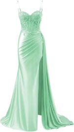 Mermaid prom dresses for women spaghetti straps satin prom dress with slit lw010.jpg