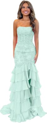 Mermaid prom dresses for women sparkly sequins tiered chiffon prom dress with slit.jpg