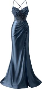 Mermaid prom dresses with slit for women lace appliques satin prom dress spaghetti straps lw09.jpg