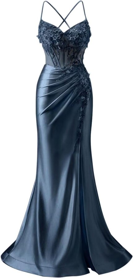 Mermaid prom dresses with slit for women lace appliques satin prom dress spaghetti straps lw09.jpg