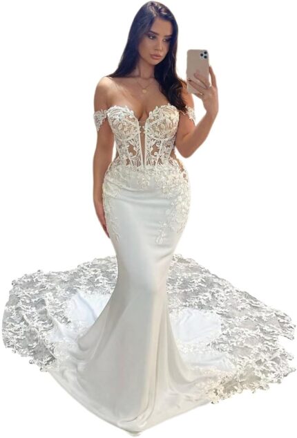 Mermaid wedding dresses for bride lace appliques satin beach bride dress with train off shoulder he1081003.jpg
