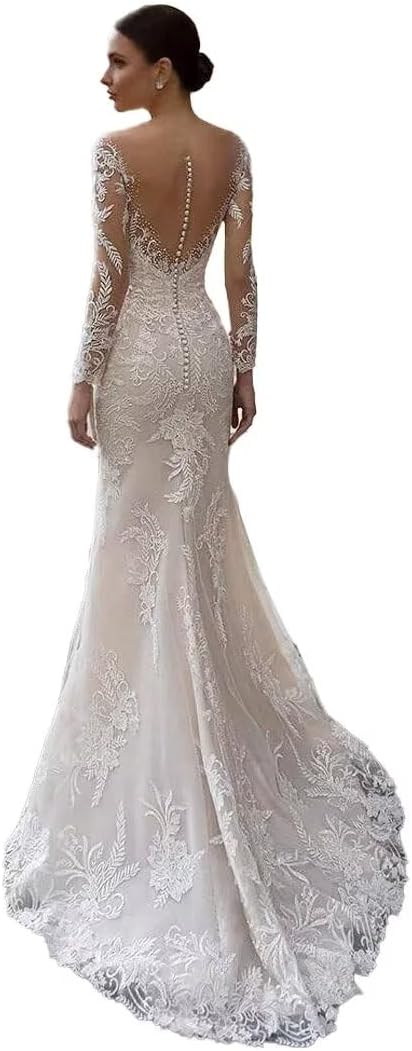 Mermaid wedding dresses for bride lace appliques tulle boho beach bride dress with train he8921.jpg