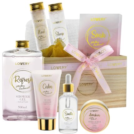 Mothers day bath gift set home spa gift basket with milky coconut vitamin e shea butter with shower gel bath salt crystals body scrub hand cream body oil bath pillow wooden crate more.jpg