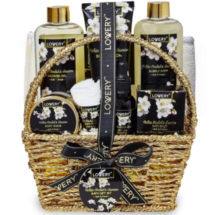 Mothers day gift basket for mom bath and body gift basket for women and men – orchid jasmine home spa set with body scrubs lotions oils gels and more care package for women men 9 piece set.jpg