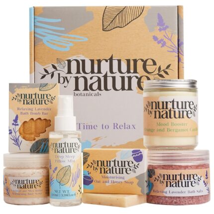 Nurture by nature relax calm spa kit mothers day gifts spa gift baskets for women complete bath sets for women gift lavender pillow mist bath salts bath bomb self care gift basket.jpg