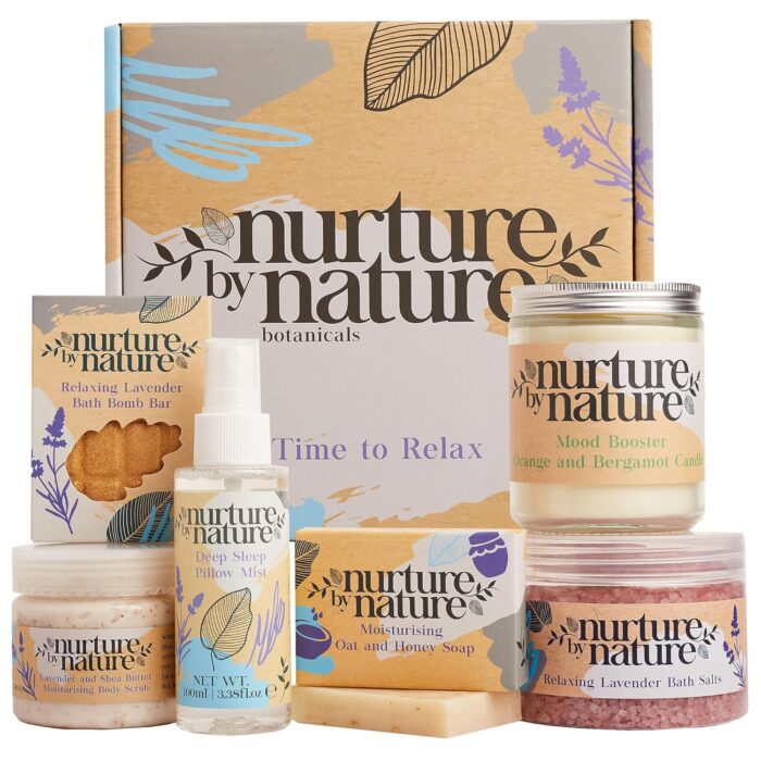 Nurture by nature relax calm spa kit mothers day gifts spa gift baskets for women complete bath sets for women gift lavender pillow mist bath salts bath bomb self care gift basket.jpg