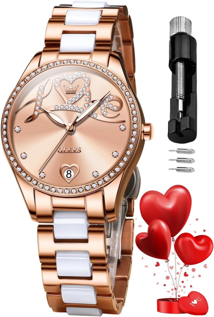Olevs automatic watches for women diamond fashion elegant dress mechanical self winding date ladies wrist watches luxury rose gold two tone ceramic watch waterproof luminous.jpg