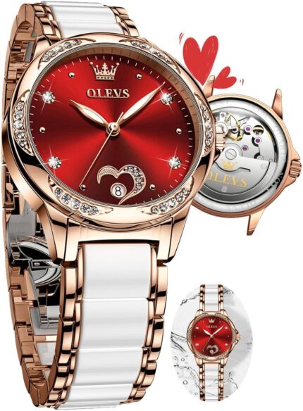 Olevs rose gold womens watches automatic watches with two tone stainless steel ceramic bracelet diamond accented self winding watches for women redbluewhite dial no battery required.jpg