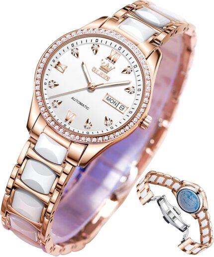 Olevs rose gold womens watches ceramic stainless steel band automatic mechanical watch waterproof luminous pointer calendar diamonds elegant watches for women redbluewhite dial no battery.jpg