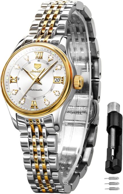 Olevs womens automatic watch luxury diamond self winding dress wrist watch moon phase stainless steel waterproof luminous blue dial ….jpg