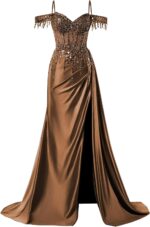 Off shoulder sequin prom dresses long 2025 satin mermaid formal dresses spaghetti strap evening party dress with slit.jpg