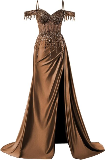 Off shoulder sequin prom dresses long 2025 satin mermaid formal dresses spaghetti strap evening party dress with slit.jpg