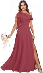 One shoulder chiffon bridesmaid dresses for wedding with bow a line prom dress long slit formal evening party gown.jpg