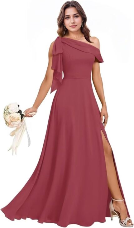 One shoulder chiffon bridesmaid dresses for wedding with bow a line prom dress long slit formal evening party gown.jpg
