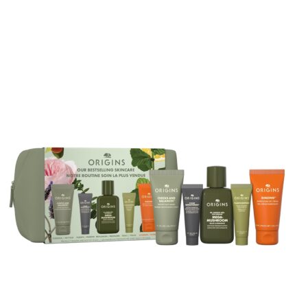 Origins bestselling skincare set features cleanser mask treatment lotion serum moisturizer with peptides hyaluronic acid niacinamide.jpg
