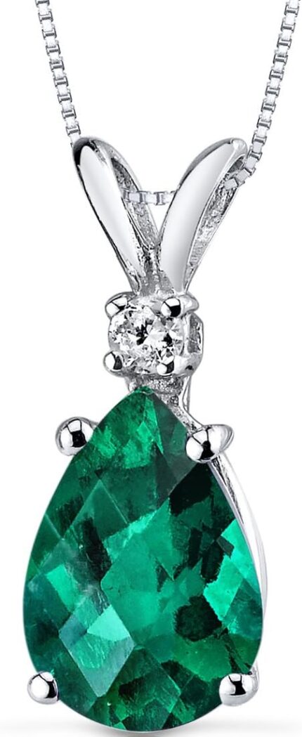 Peora created emerald with genuine diamond pendant for women 14k white gold elegant teardrop solitaire pear shape 10x7mm 1.75 carats total green emerald jewelry may birthstone wjewelry box.jpg