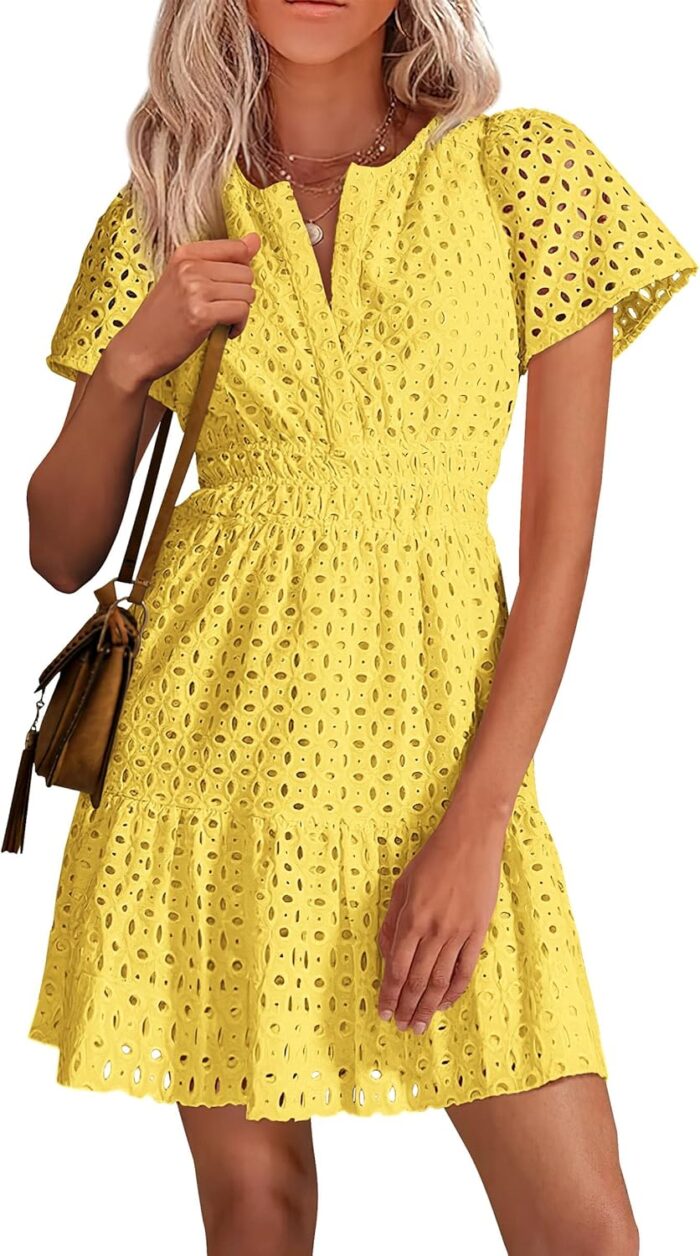 Prettygarden 2025 women summer short dress v neck short sleeve a line hollow out lace ruffle cute casual beach party dresses.jpg