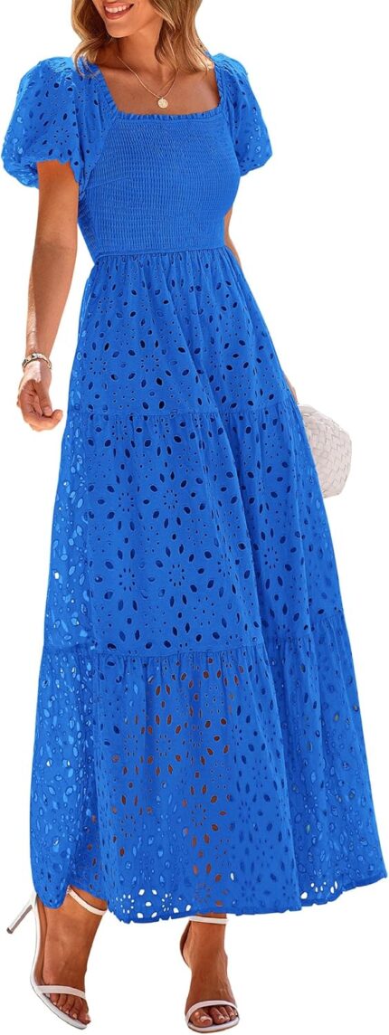 Prettygarden summer dresses for women 2025 eyelet square neck puff sleeve smocked wedding guest maxi dress with pockets.jpg