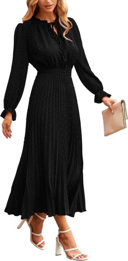 Prettygarden womens 2025 spring fall midi dress casual long sleeve v neck swiss dot pleated a line flowy dresses.jpg