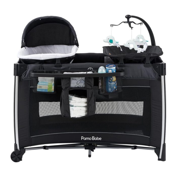 Pamo babe 4 in 1 baby playards with bassinet changing table portable crib breathable mesh and toy mobile.jpg