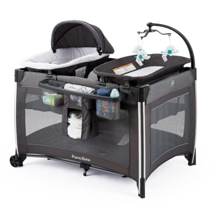 Pamo babe 4 in 1 portable baby crib deluxe nursery center foldable travel playard with bassinet mattress changing table for newborn infant toddlergrey.jpg