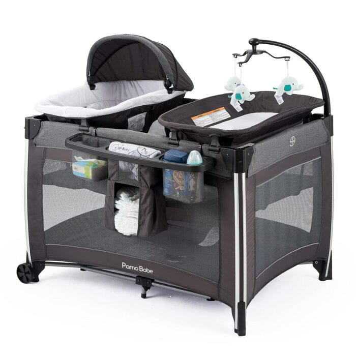 Pamo babe 4 in 1 portable baby crib deluxe nursery center foldable travel playard with bassinet mattress changing table for newborn infant toddlergrey.jpg