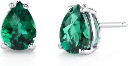 Peora solid 14k white gold created emerald earrings for women classic solitaire studs 7x5mm pear shape 1.25 carats total friction back dainty green earrings emerald jewelry.jpg