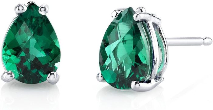 Peora solid 14k white gold created emerald earrings for women classic solitaire studs 7x5mm pear shape 1.25 carats total friction back dainty green earrings emerald jewelry.jpg