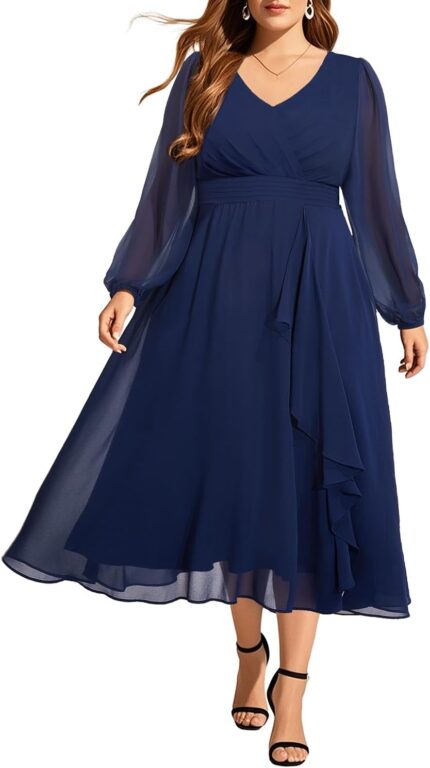 Pinup fashion plus size dresses for wedding guest 2025 formal long sleeve chiffon fall midi dress.jpg