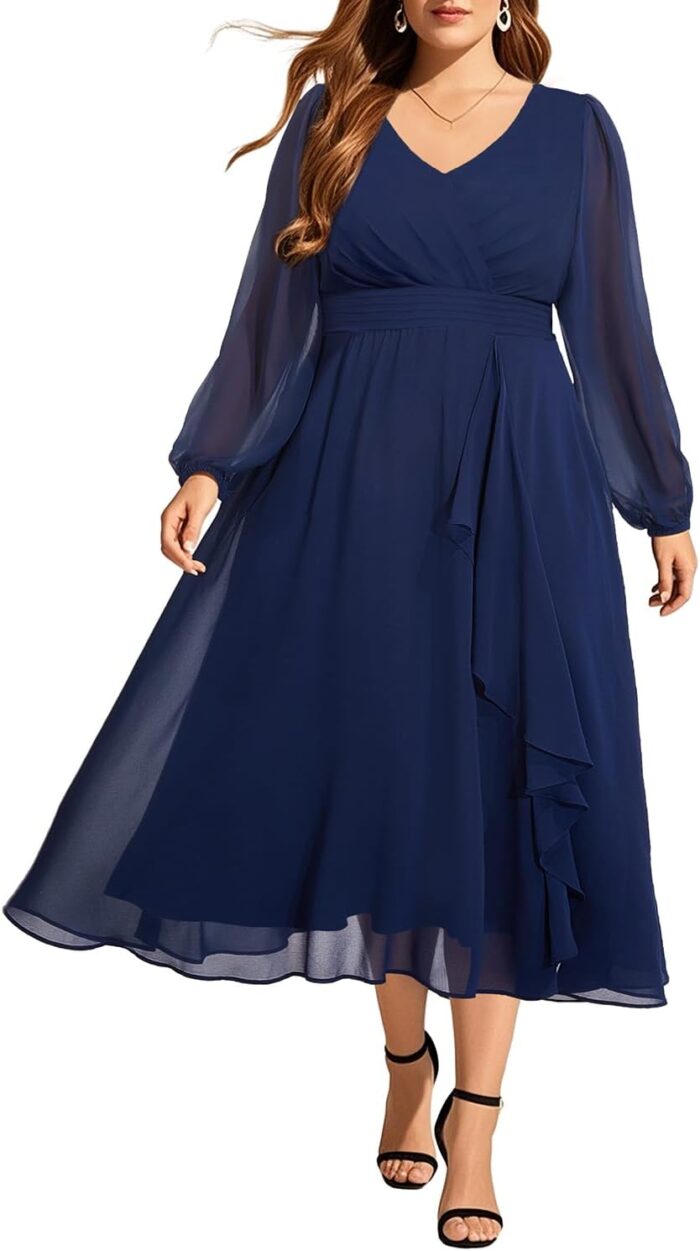 Pinup fashion plus size dresses for wedding guest 2025 formal long sleeve chiffon fall midi dress.jpg