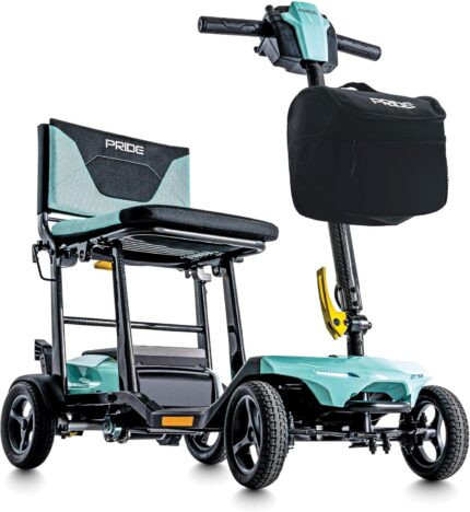 Pride mobility go go super portable 4 wheel folding travel mobility scooter – 300 lbs capacity 4.5 mph airline approved lithium battery – for seniors adults elderly – lightweight compact mint.jpg