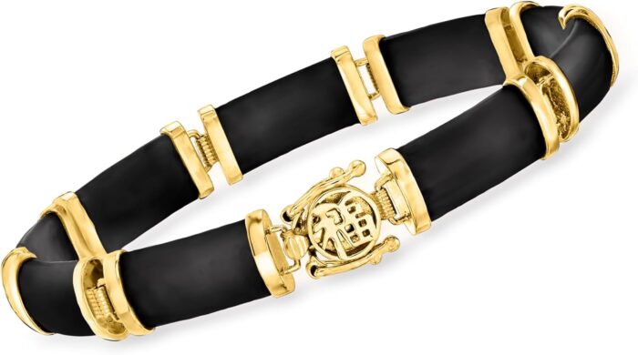 Ross simons black agate good fortune bracelet in 18kt gold over sterling. 7.5 inches.jpg