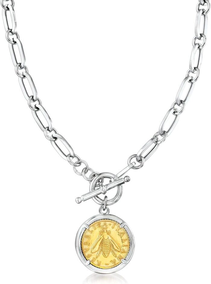 Ross simons italian sterling silver and 18kt gold over sterling replica bumblebee lira coin paper clip link toggle necklace.jpg