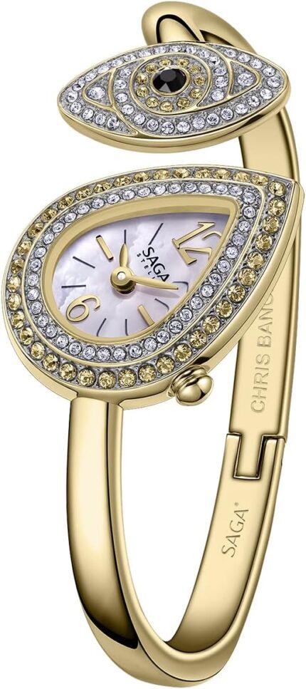 Saga angels eye womens luxury cuff bracelet watch swiss ronda quartz movement teardrop shaped dial 30m water resistant 316l stainless steel bracelet with 129 danube crystals.jpg