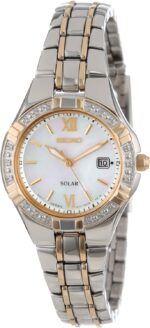 Seiko watch for women diamond collection with 18 diamond accents solar power mother of pearl dial two tone rose gold stainless steel case bracelet and water resistant to 50m.jpg