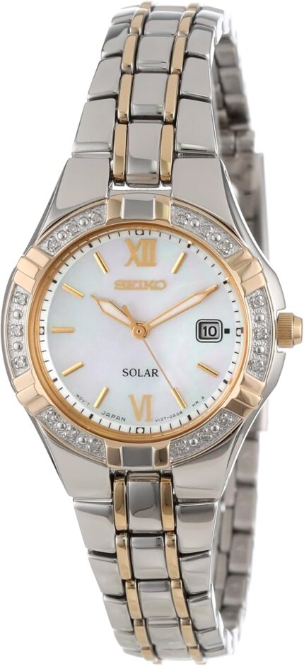 Seiko watch for women diamond collection with 18 diamond accents solar power mother of pearl dial two tone rose gold stainless steel case bracelet and water resistant to 50m.jpg