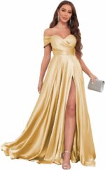 Solodish satin prom dresses for women 2025 off the shoulder gold formal dress ball gown with slit size 10.jpg