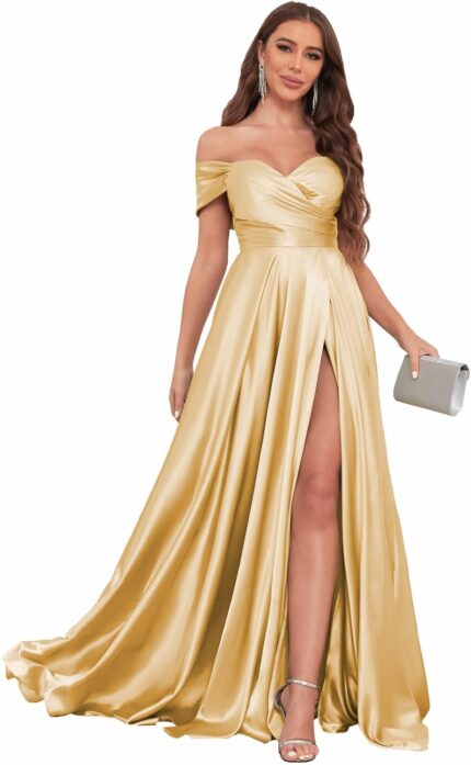 Solodish satin prom dresses for women 2025 off the shoulder gold formal dress ball gown with slit size 10.jpg