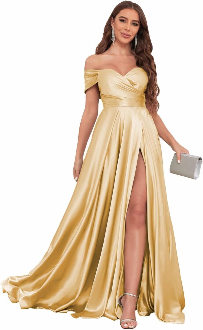 Solodish satin prom dresses for women 2025 off the shoulder gold formal dress ball gown with slit size 10.jpg