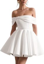 Satin wedding dresses for bride off shoulder bowknot short homecoming dresses for teens puffy sleeve prom party gown.jpg