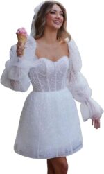 Short wedding dresses for bride 2025 lace appliques tulle bride dress with sleeve he1082b009.jpg