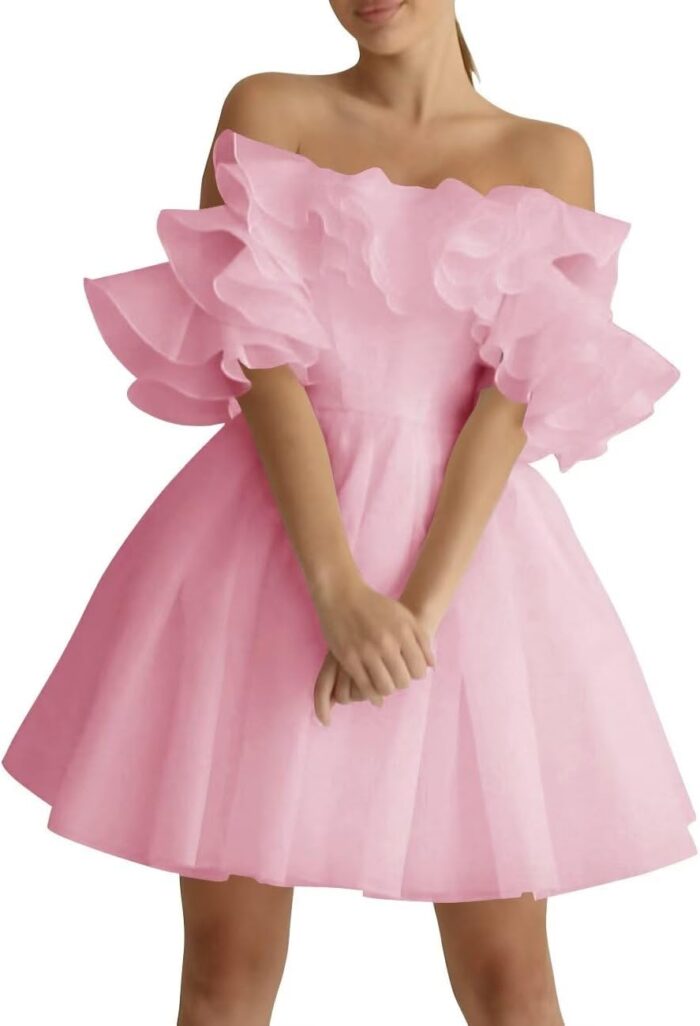 Short wedding dresses for bride 2025 ruffles puffy sleeve organza homecoming dress a line evening party gown for women.jpg