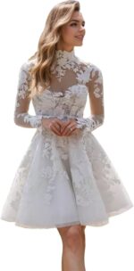 Short wedding dresses for bride lace appliques tulle bride dress with sleeve lw06.jpg