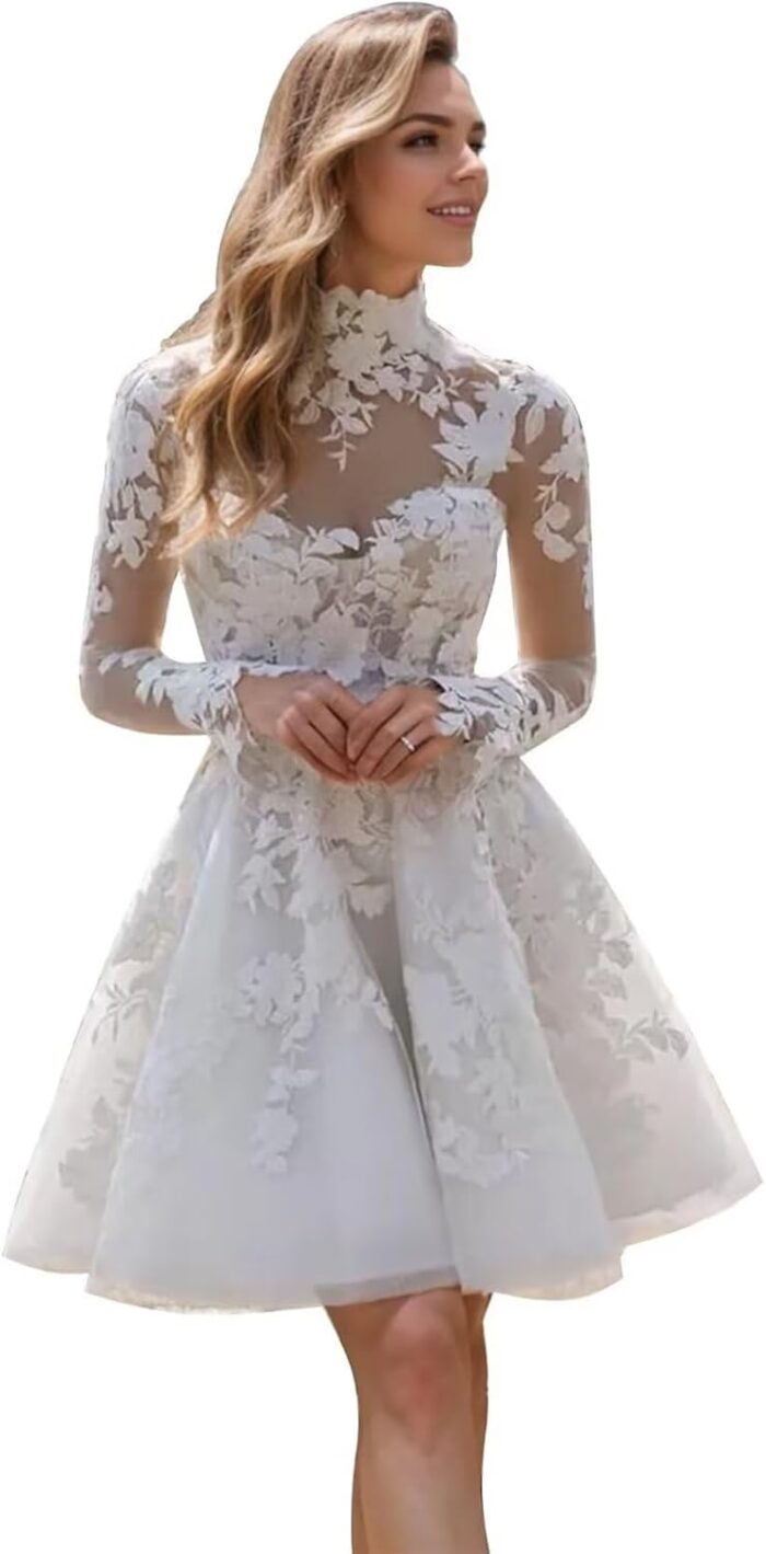 Short wedding dresses for bride lace appliques tulle bride dress with sleeve lw06.jpg